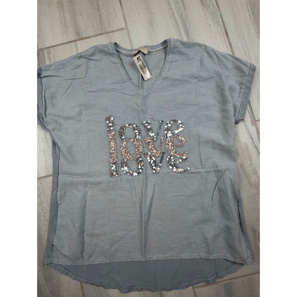 Marisima Italy Gray Cotton Linen Sequin LOVE‎ Top V-Neck Short Sleeve OS NEW